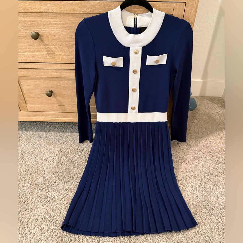 Navy Blue Pleated Gold Button Long Sleeve Dress Medium